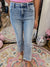 R High Rise Crop Ankle Flare Uneven Fray Hem Jeans