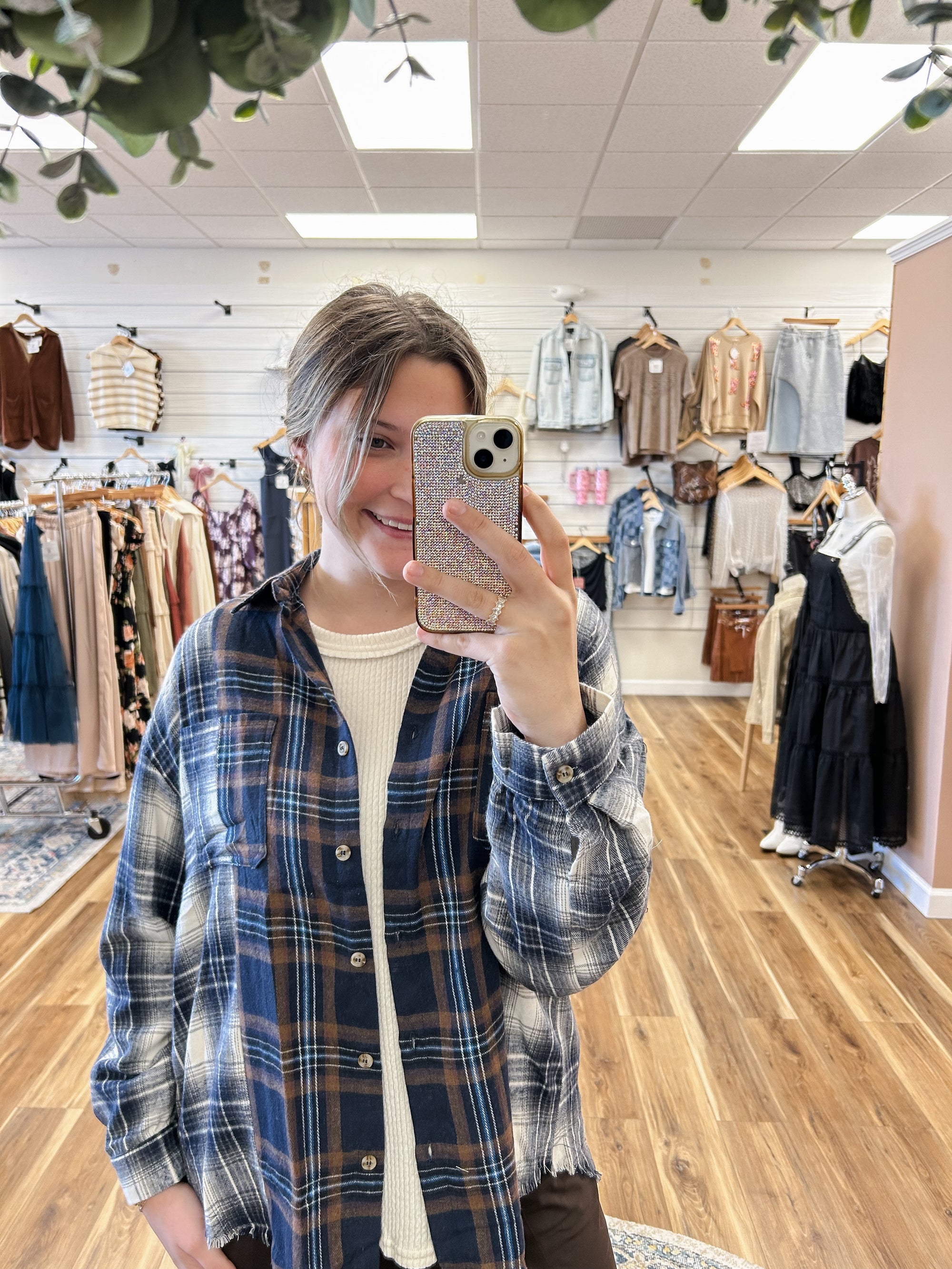 Navy Plaid Patchwork Button Up Flannel Top