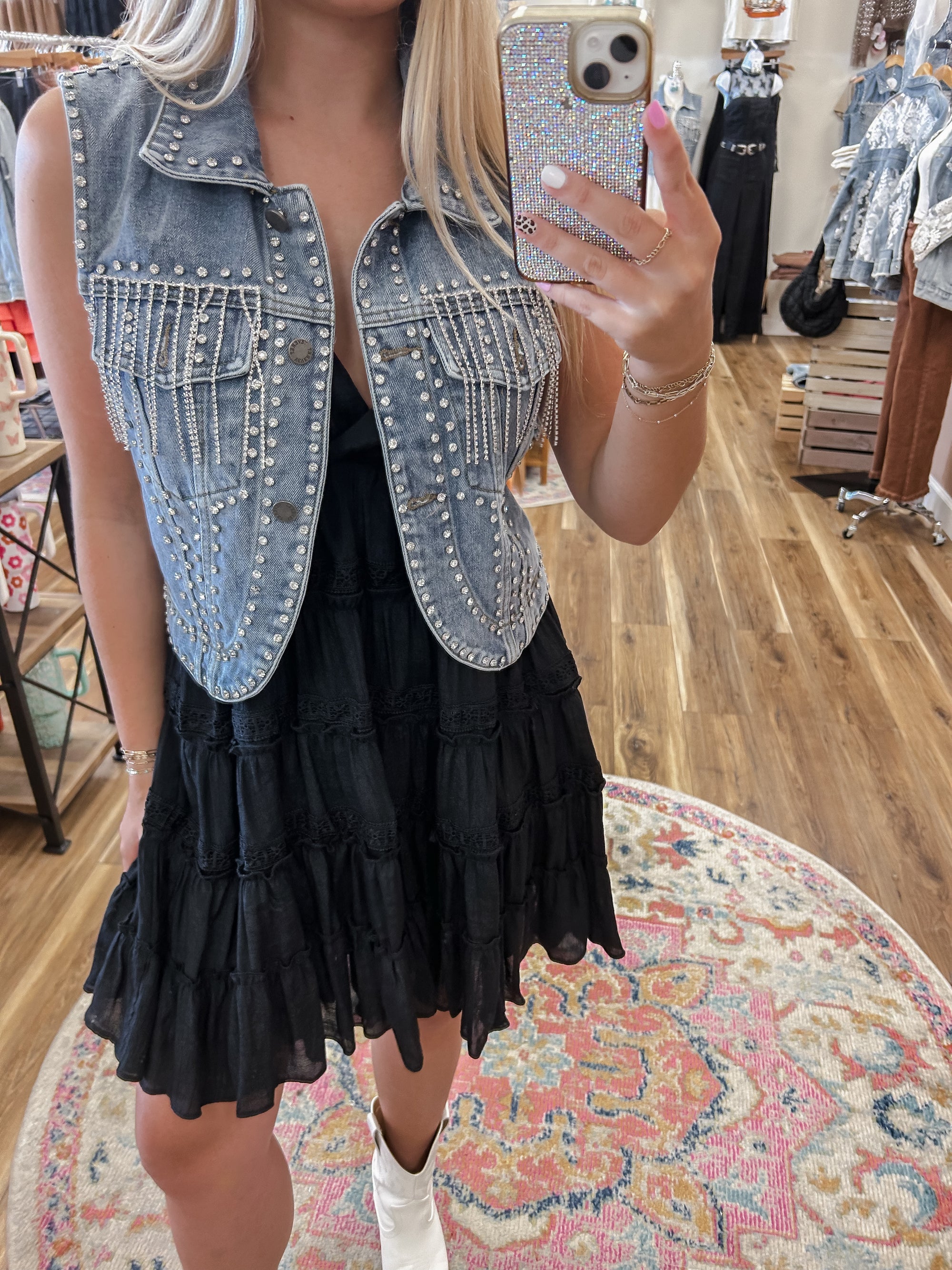 Diamond Rhinestone Tassel Denim Vest