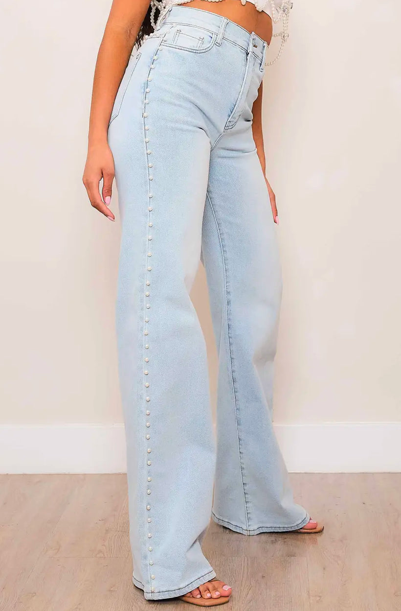 Pearl Stud High Rise Wide Jeans